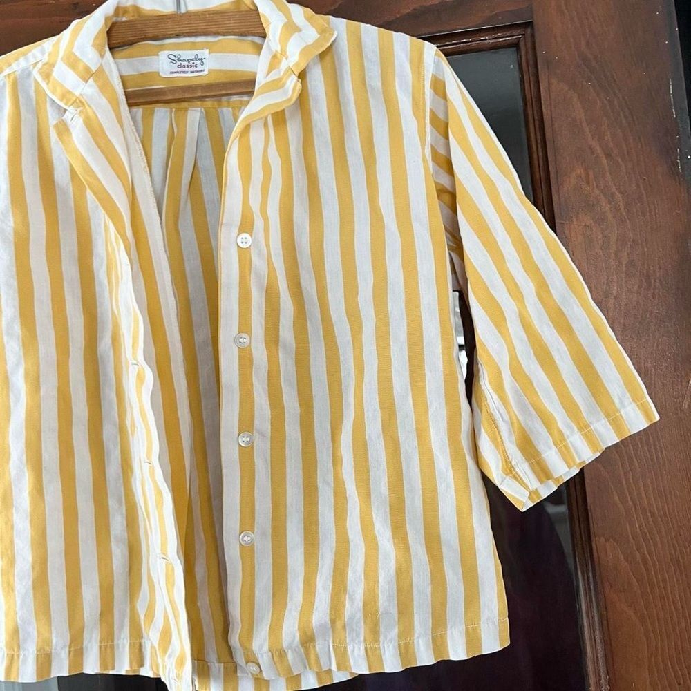 Vintage 60s Cute Retro Minimal Striped Yellow White Top XS Small Womens - Picture 2 of 6